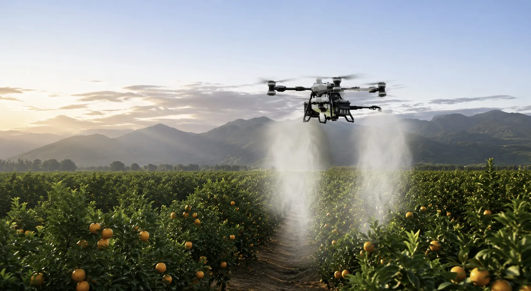 DJI Agras T100 spraying a citrus orchard