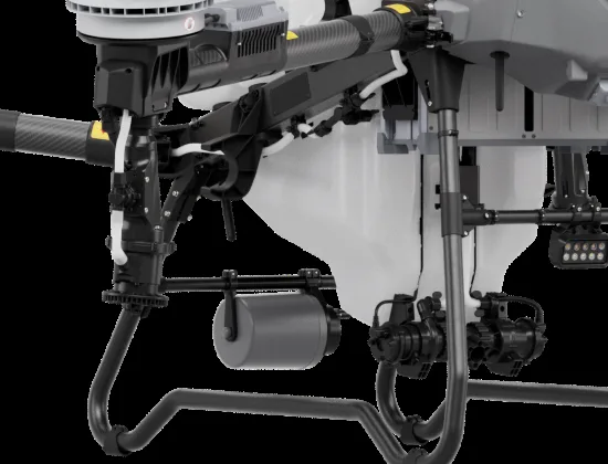 DJI Agras T70P mist nozzle package installed, close-up of the nozzle and pump assembly