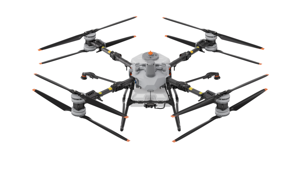 DJI Agras T100 aircraft fitted with the 100L spraying system, front three-quarter view