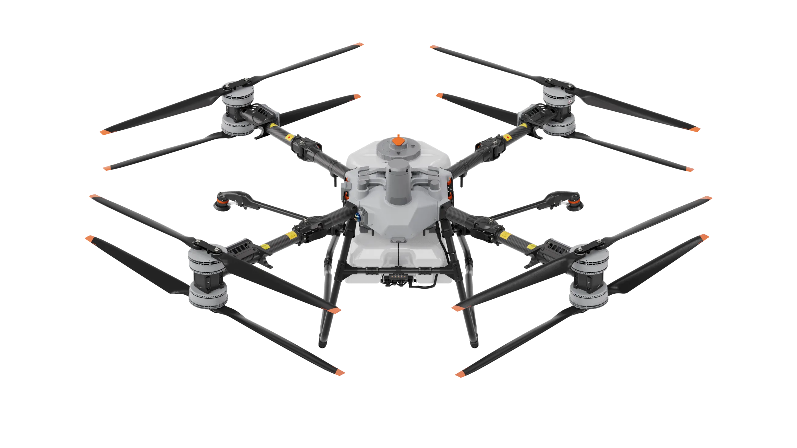 DJI Agras T100 aircraft fitted with the 100L spraying system, front three-quarter view