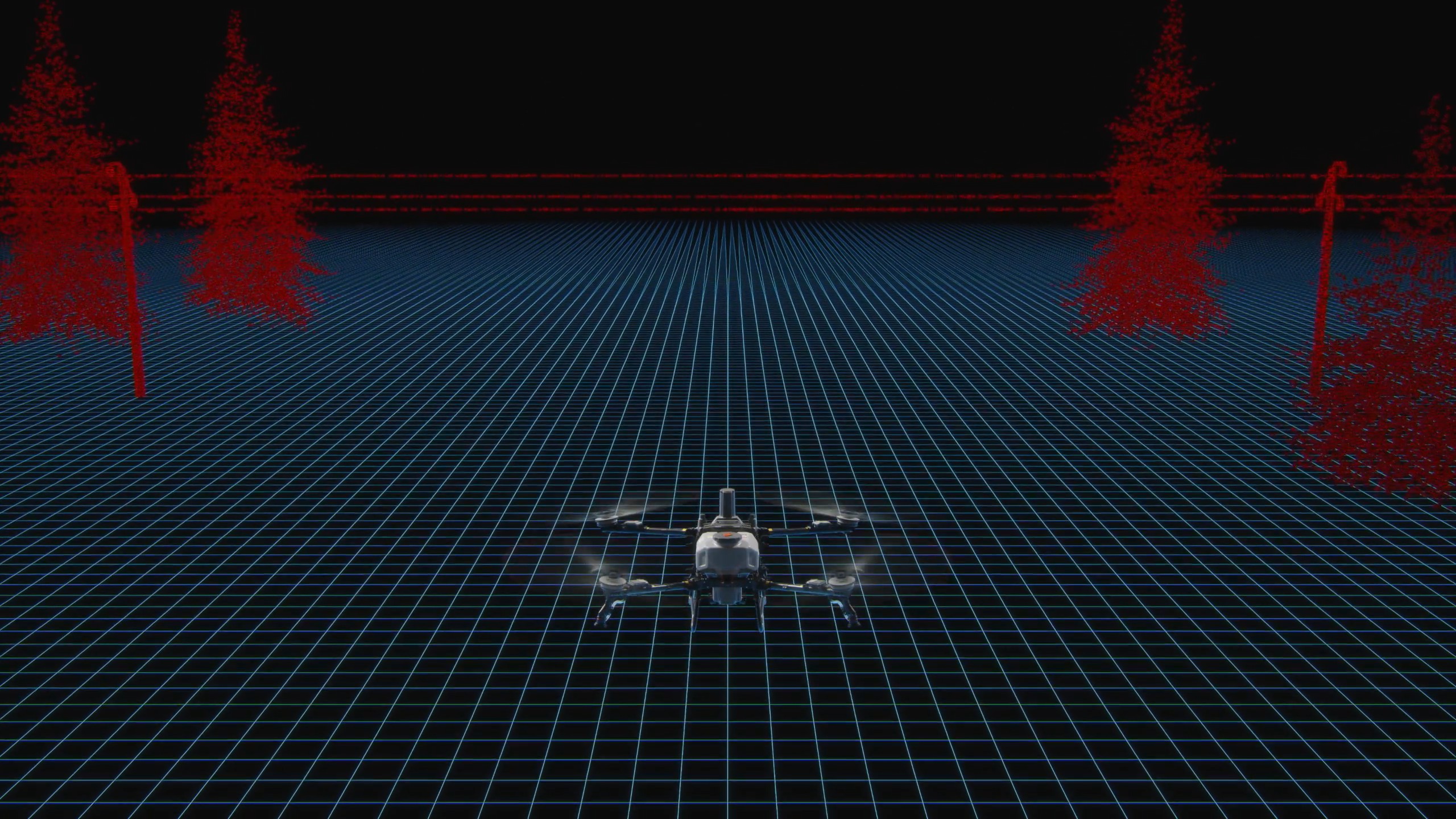 Illustration of the DJI Agras T55 radar point cloud showing trees and wires ahead of the aircraft