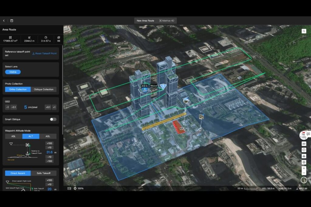 DJI FlightHub 2 area route planning over a 3D city model