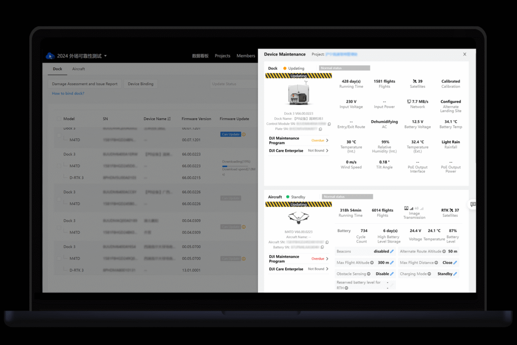 DJI FlightHub 2 device maintenance screen showing dock and aircraft status