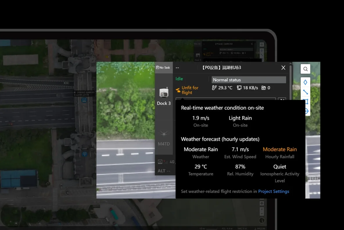 DJI FlightHub 2 showing live weather and a forecast at a DJI Dock site