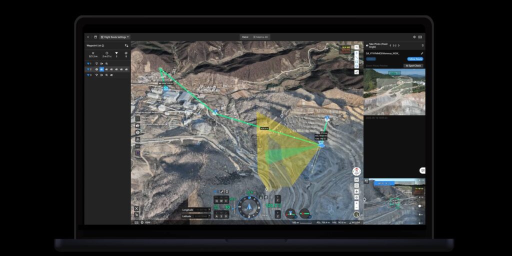 DJI FlightHub 2 live map with aircraft position and live video on a laptop screen