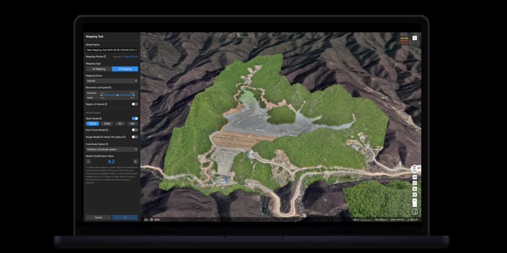 2D map built from drone images shown in DJI FlightHub 2 on a laptop