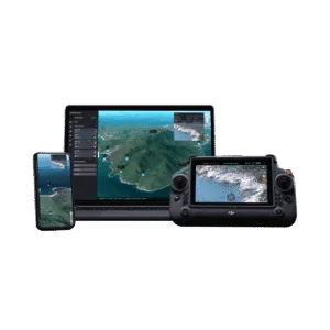 DJI FlightHub 2 shown running on a laptop, a phone and a DJI enterprise controller