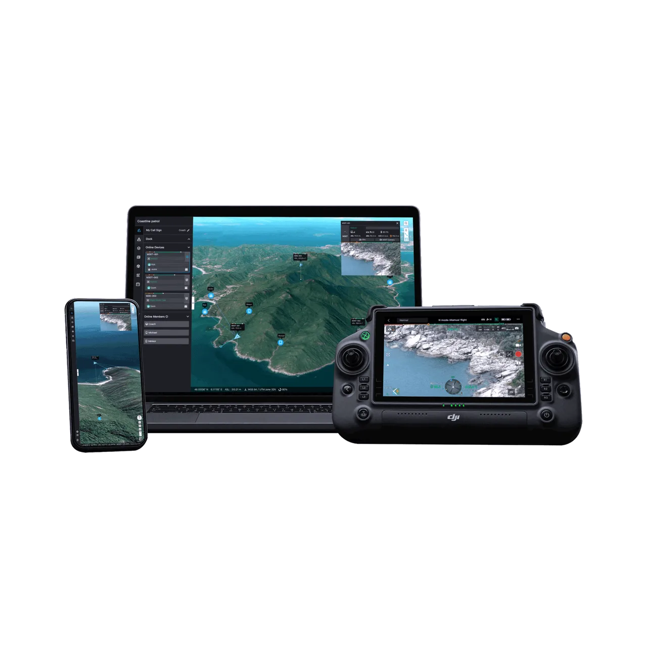 DJI FlightHub 2 shown running on a laptop, a phone and a DJI enterprise controller