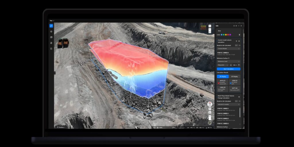 Stockpile volume measurement on a 3D model in DJI FlightHub 2 on a laptop