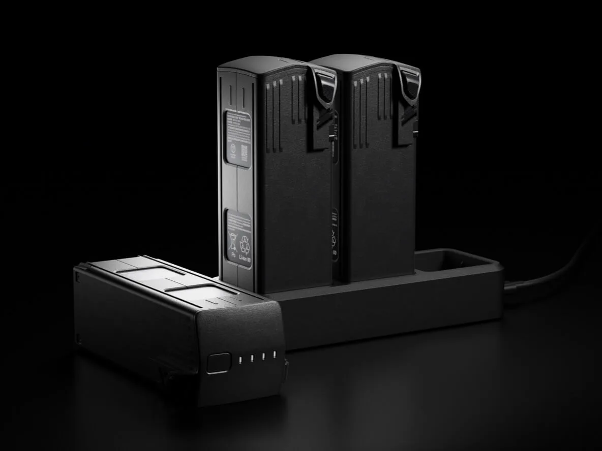 DJI Mavic 3 intelligent flight batteries on their charging hub