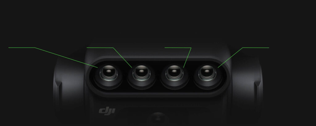 Four multispectral lenses and the RGB camera on the Mavic 3 Multispectral