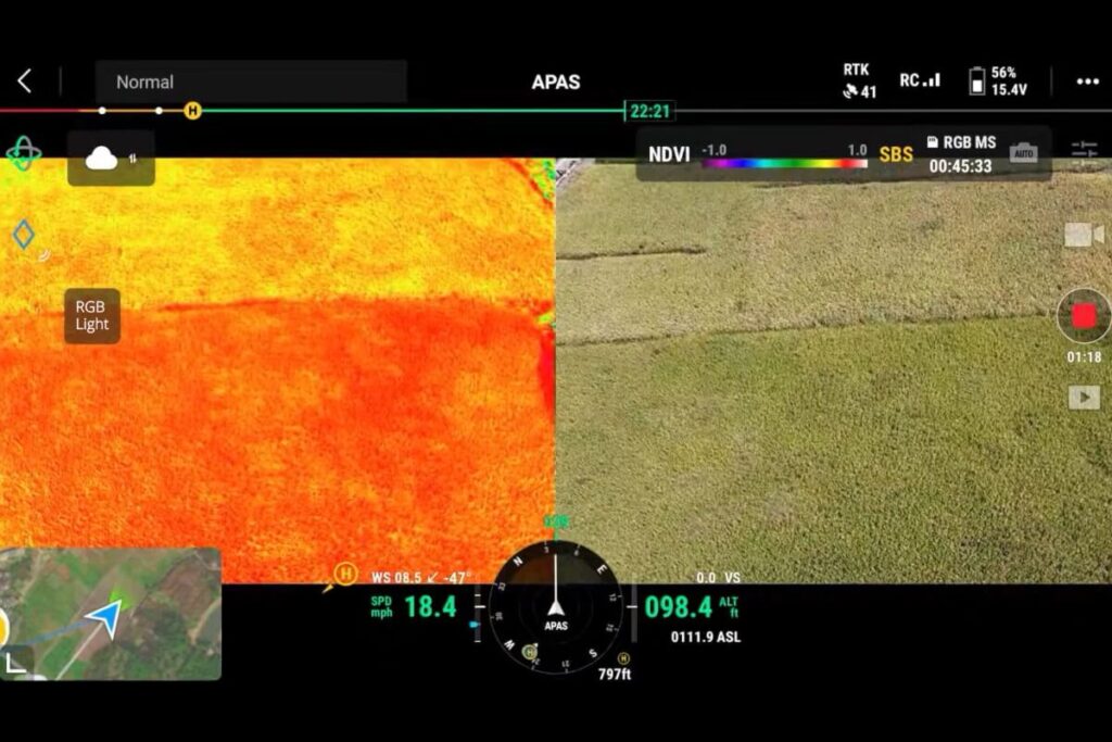 Live NDVI view shown on the controller during a Mavic 3 Multispectral flight