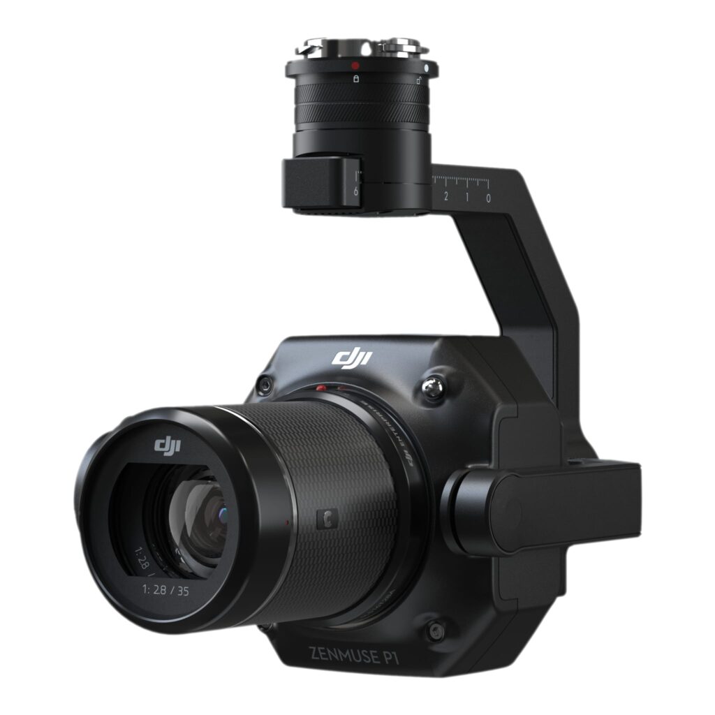 DJI Zenmuse P1 side view with a DL lens and lens hood fitted