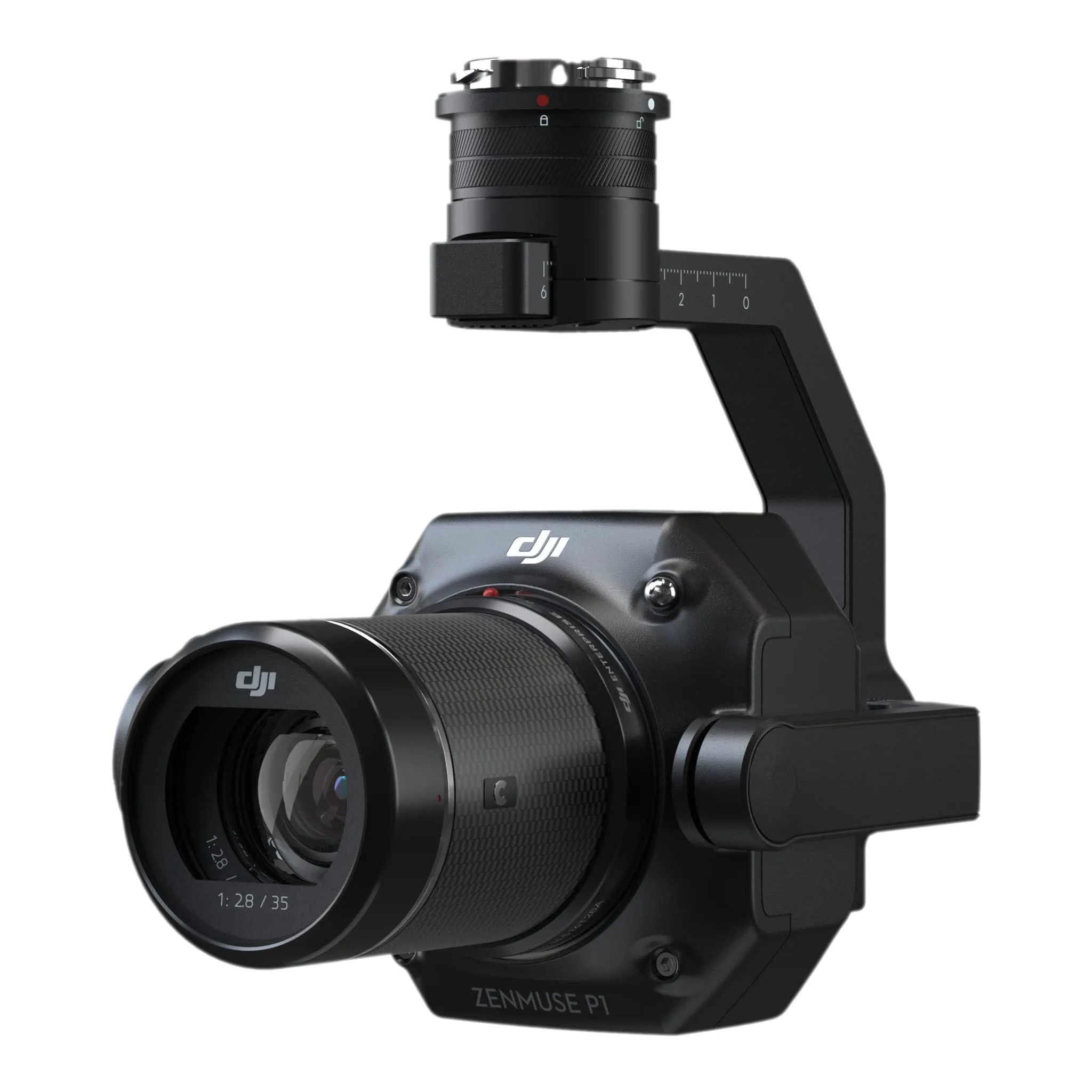 DJI Zenmuse P1 side view with a DL lens and lens hood fitted