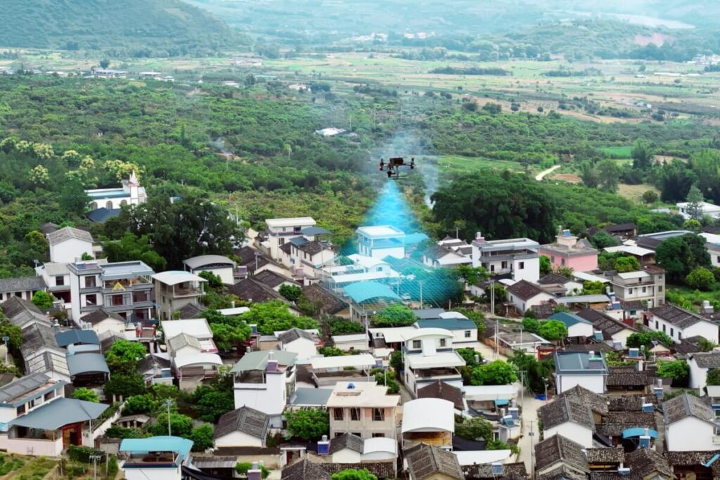 Aerial survey of a village captured for photogrammetry mapping