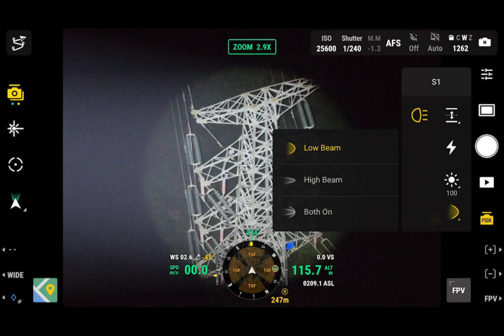 DJI Pilot 2 spotlight beam mode controls for the Zenmuse S1