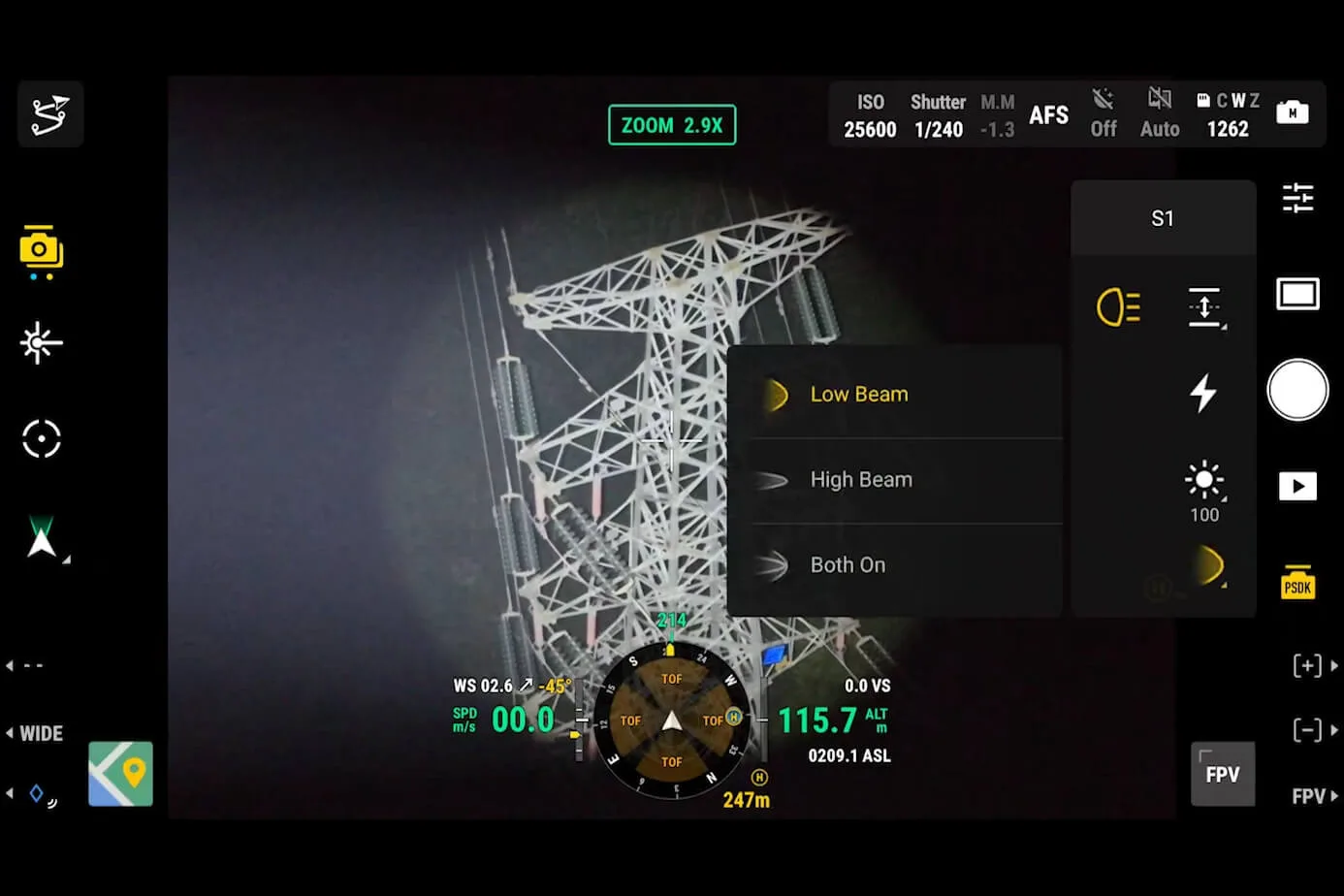 DJI Pilot 2 spotlight beam mode controls for the Zenmuse S1