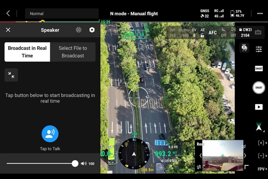 DJI Pilot 2 speaker menu used to broadcast through the Zenmuse V1